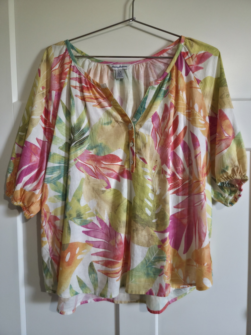 Tommy Bahama Tropical Floral Henley Blouse in White, Pink & Green